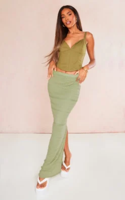 Khaki Sheer Textured Split Back Maxi Skirt