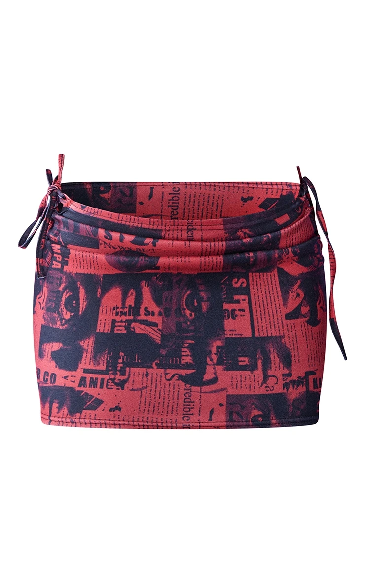 Red Newspaper Print Lace Up Side Micro Mini Skirt 6 Red Newspaper Print Lace Up Side Micro Mini Skirt - Image 6