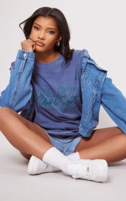 PRETTYLITTLETHING Blue Washed Athlete Print T Shirt