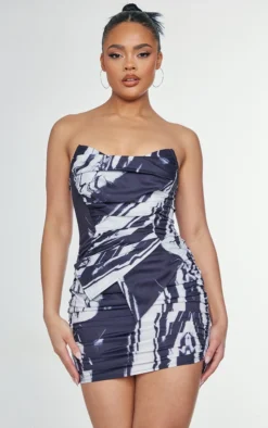 Black Marble Print Asymmetric Pointed Hem Bodycon Dress