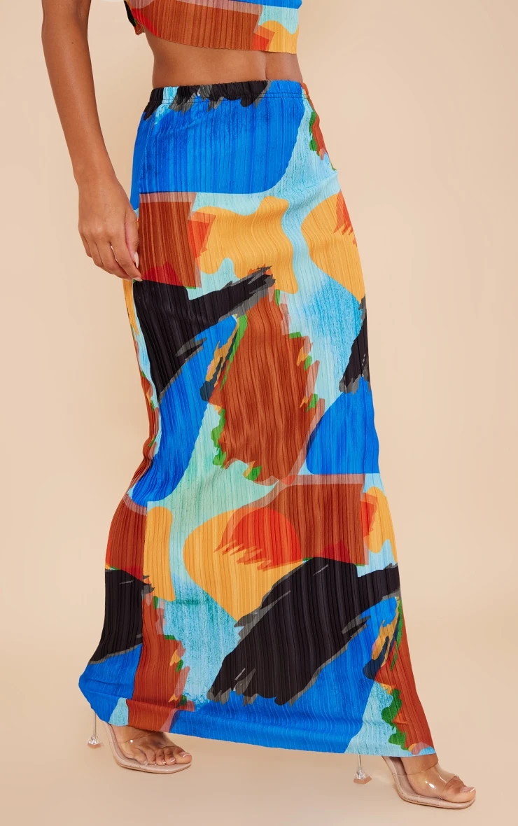 Blue Abstract Print Plisse Maxi Skirt 2 Blue Abstract Print Plisse Maxi Skirt - Image 2