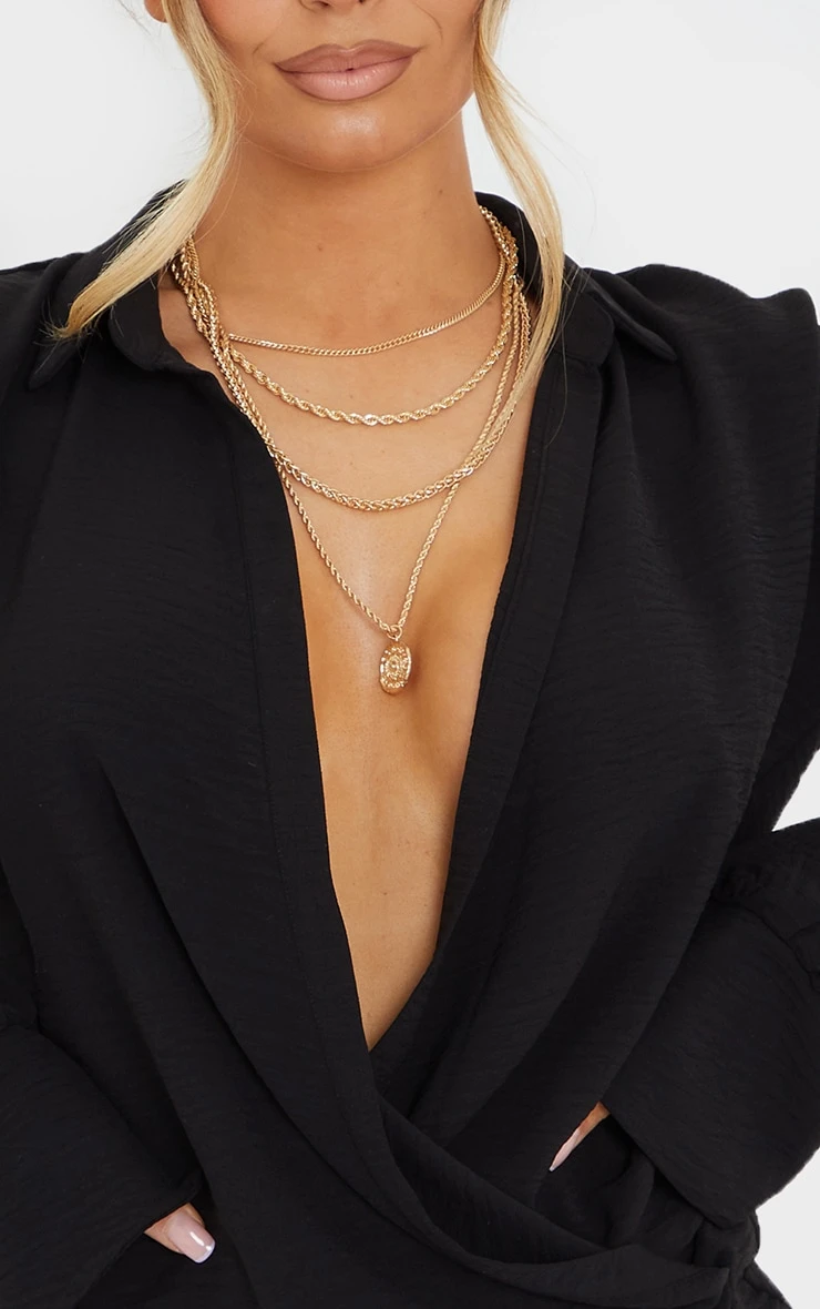 Black Textured Woven Extreme Plunge Bell Cuff Shirt Dress 4 Black Textured Woven Extreme Plunge Bell Cuff Shirt Dress - Image 4