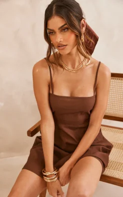 Chocolate Straight Neck Linen Look Ruched Back Detail Swing Dress -Moden Vibe Sales Store 11e3e36ac150dd2f2f87ab93939097695a125699 cnd4049 4