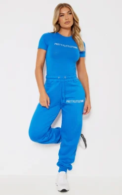 PRETTYLITTLETHING Logo Blue High Waisted Cuffed Joggers