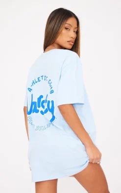 PRETTYLITTLETHING Baby Blue Athletic Club Varsity Print T Shirt
