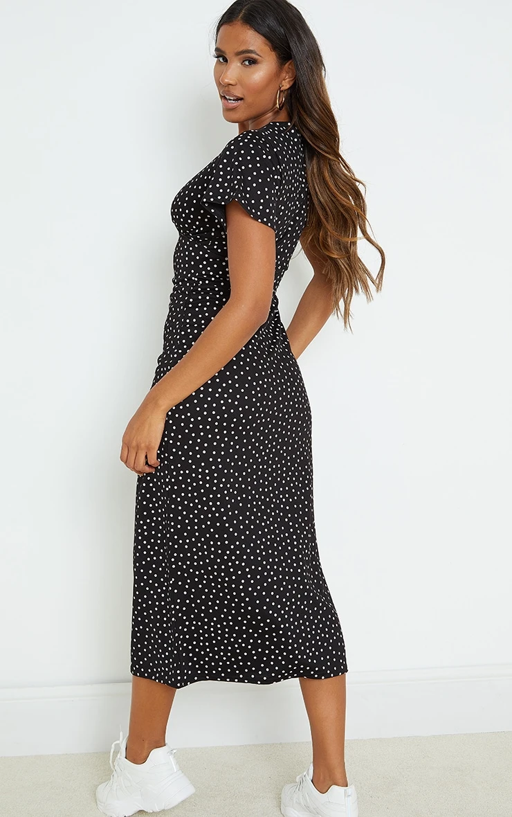 Black Polka Dot Ruched Bust Midi Dress 2 Black Polka Dot Ruched Bust Midi Dress - Image 2