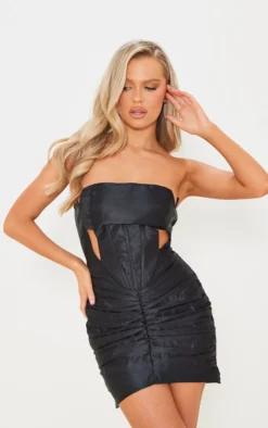 Black Woven Bandeau Cut Out Ruched Bodycon Dress