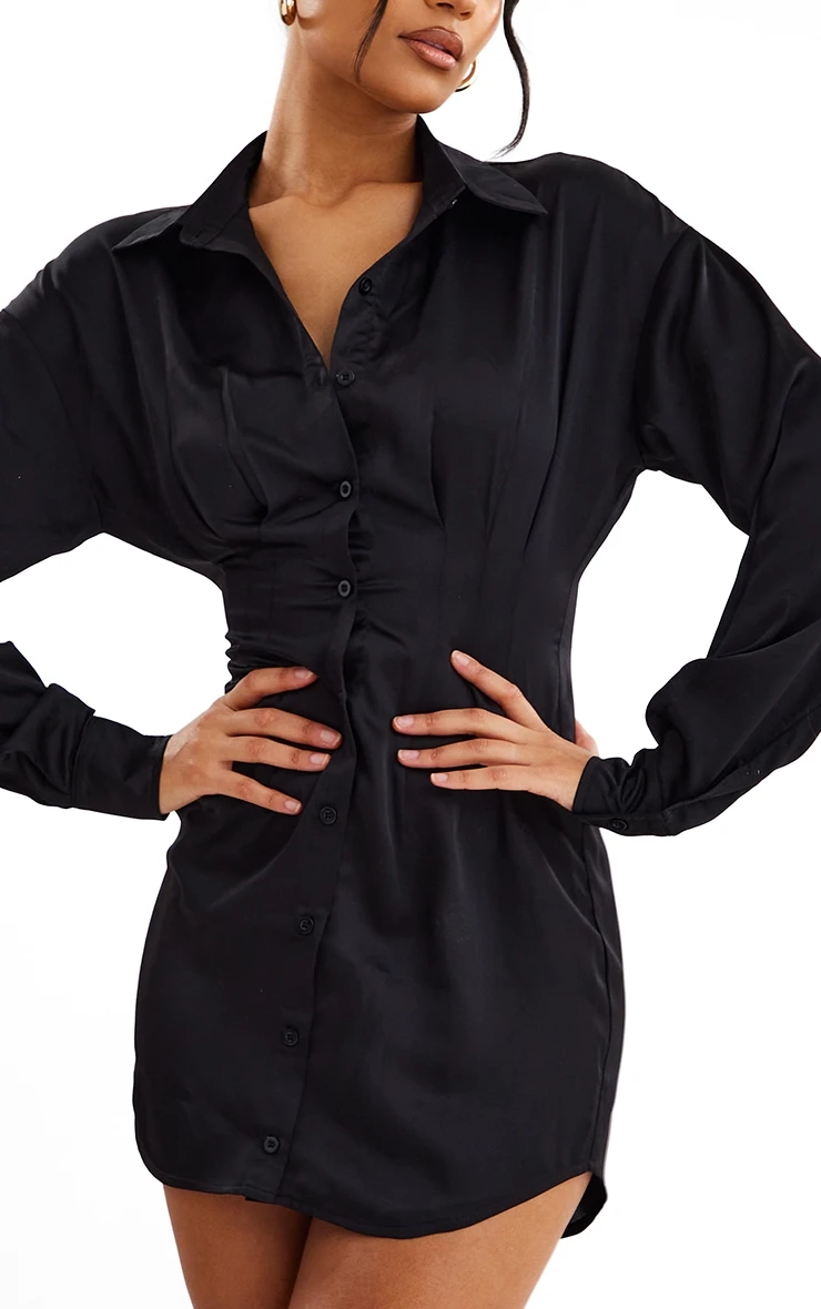 Black Satin Fitted Waist Shirt Dress 4 Black Satin Fitted Waist Shirt Dress - Image 4
