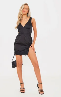 Black Satin Plunge Lace Trim Tie Waist Shift Dress -Moden Vibe Sales Store 1d233df790e2c328a0a72870e981b524f479be9f cnd2229 3