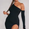 Black Rib Knit One Sleeve Split Mini Dress