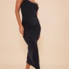 Black Slinky Ruched Side Halter Strap Midi Dress