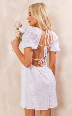 White Broderie Anglaise Puff Sleeve Detail Shift Dress