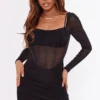 Black Mesh Corset Detail Ruched Bust Bodycon Dress