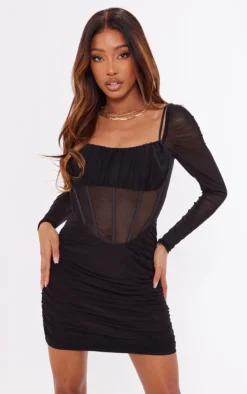 Black Mesh Corset Detail Ruched Bust Bodycon Dress
