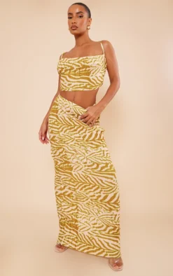 Green Zebra Print Plisse Maxi Skirt