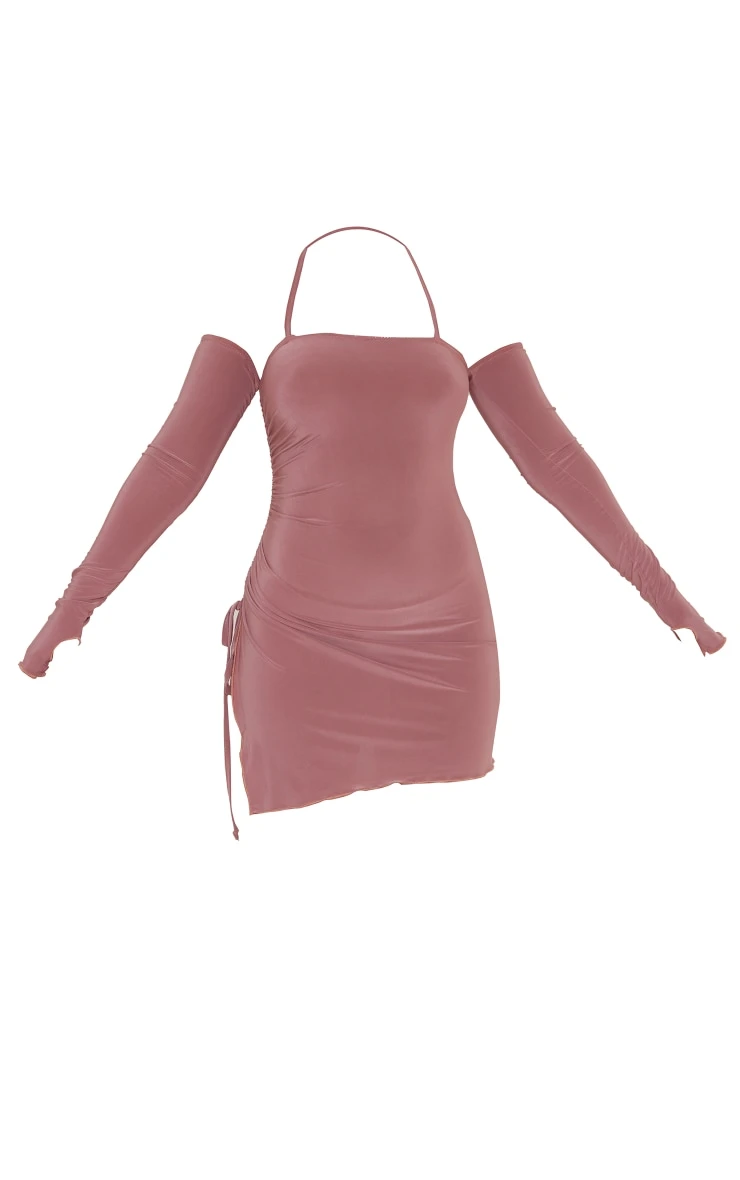 Rose Slinky Ruched Side Halter Tie Bardot Shift Dress 5 Rose Slinky Ruched Side Halter Tie Bardot Shift Dress - Image 5
