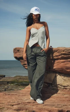 Charcoal Grey Toggle Waist Side Stripe Low Rise Track Pants