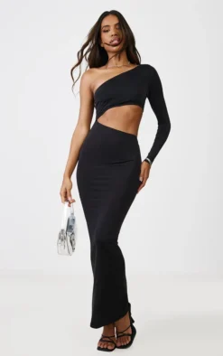 Black Slinky One Shoulder Cut Out Midaxi Dress