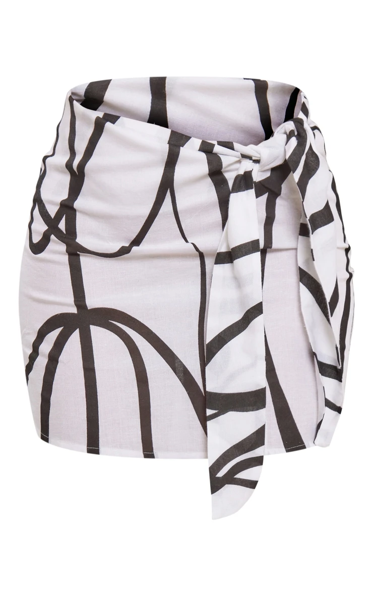 White Black Swirl Print Linen Look Knot Front Mini Skirt 6 White Black Swirl Print Linen Look Knot Front Mini Skirt - Image 6