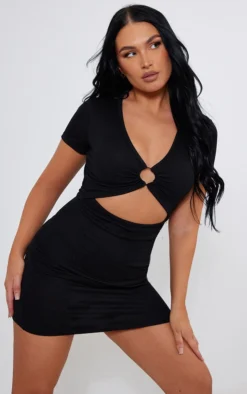 Black Short Sleeve Elasticated Bust Bodycon Dress