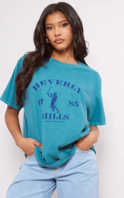 PRETTYLITTLETHING Teal Washed Beverley Hills Print T Shirt
