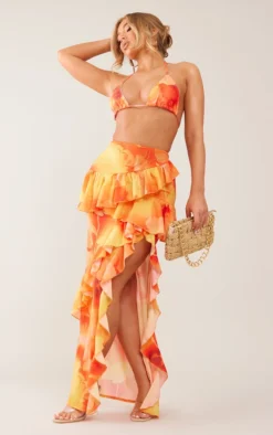 Orange Frill Detail Split Thigh Maxi Skirt