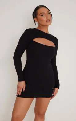 Black Rib Cut Out Detail Long Sleeve Bodycon Dress