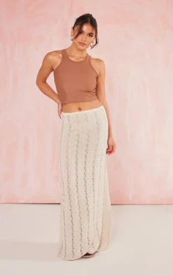 Beige Textured Jersey Straight Maxi Skirt