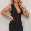 Black Sleeveless Pocket Detail Plunge Neck Bodycon Dress