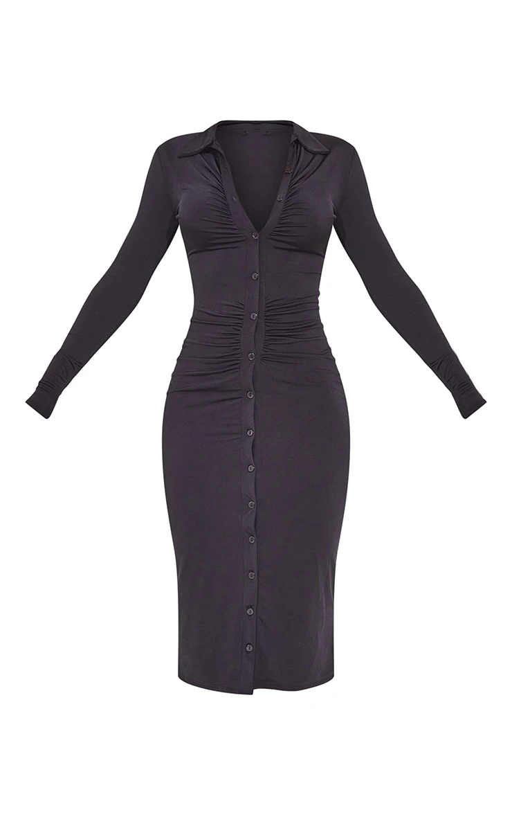 Black Slinky Ruched Button Down Midi Shirt Dress 5 Black Slinky Ruched Button Down Midi Shirt Dress - Image 5