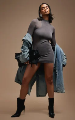 Charcoal Sheer Knit Racer Lined Long Sleeve Dress