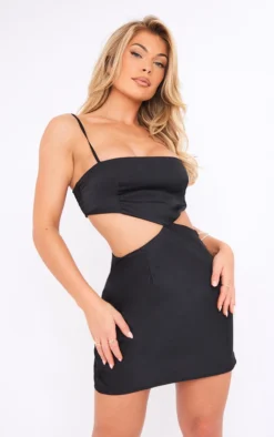 Black Satin Waist Cut Out Detail Strappy Shift Dress