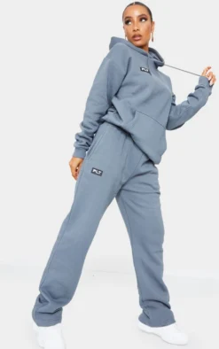 PRETTYLITTLETHING Logo Charcoal Badge Detail Straight Leg Joggers