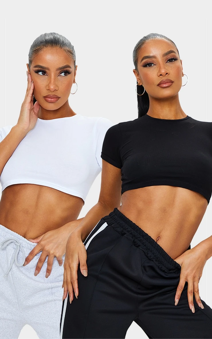 Basic Black & White Cotton Blend Roll Sleeve Crop T Shirt 2 Pack 1 Basic Black & White Cotton Blend Roll Sleeve Crop T Shirt 2 Pack