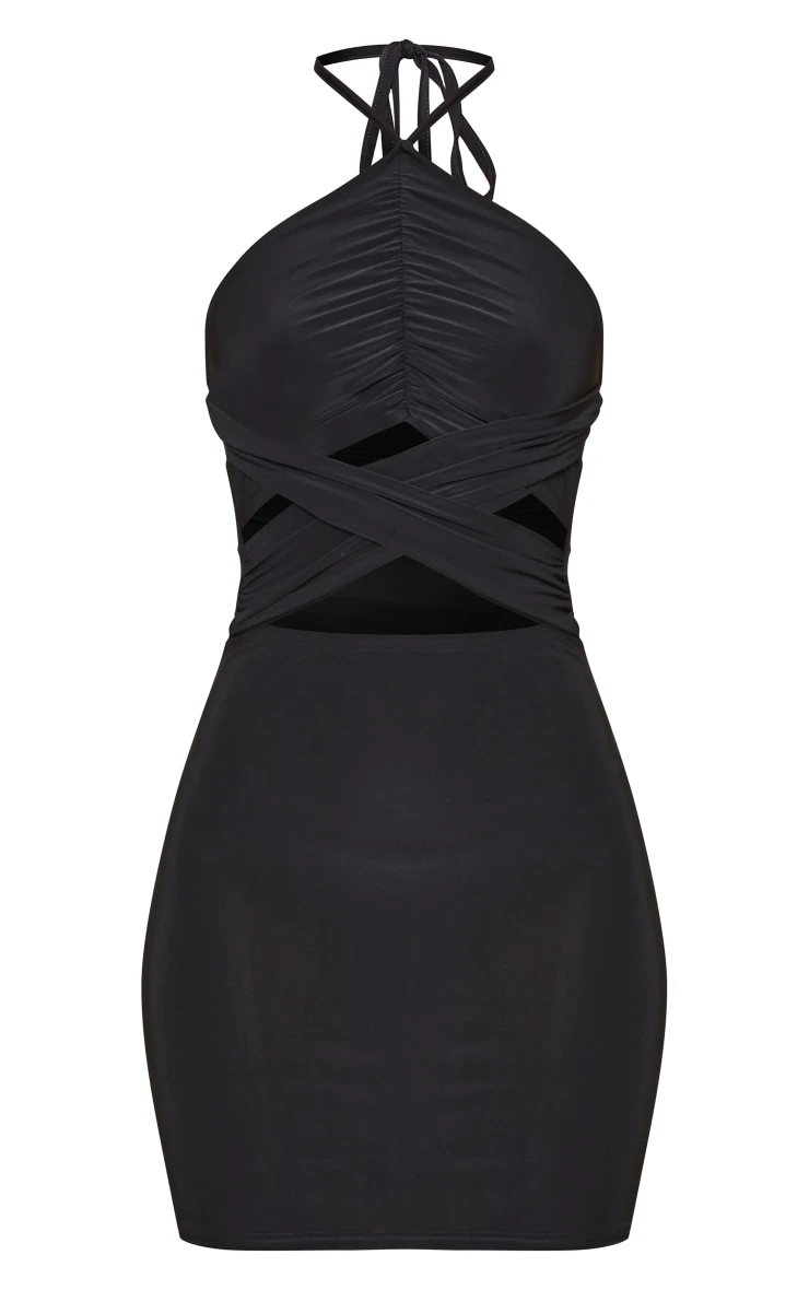 Black Slinky Ruched Halter Cross Waist Bodycon Dress 5 Black Slinky Ruched Halter Cross Waist Bodycon Dress - Image 5