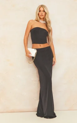 Black Acetate Slinky Low Rise Maxi Skirt