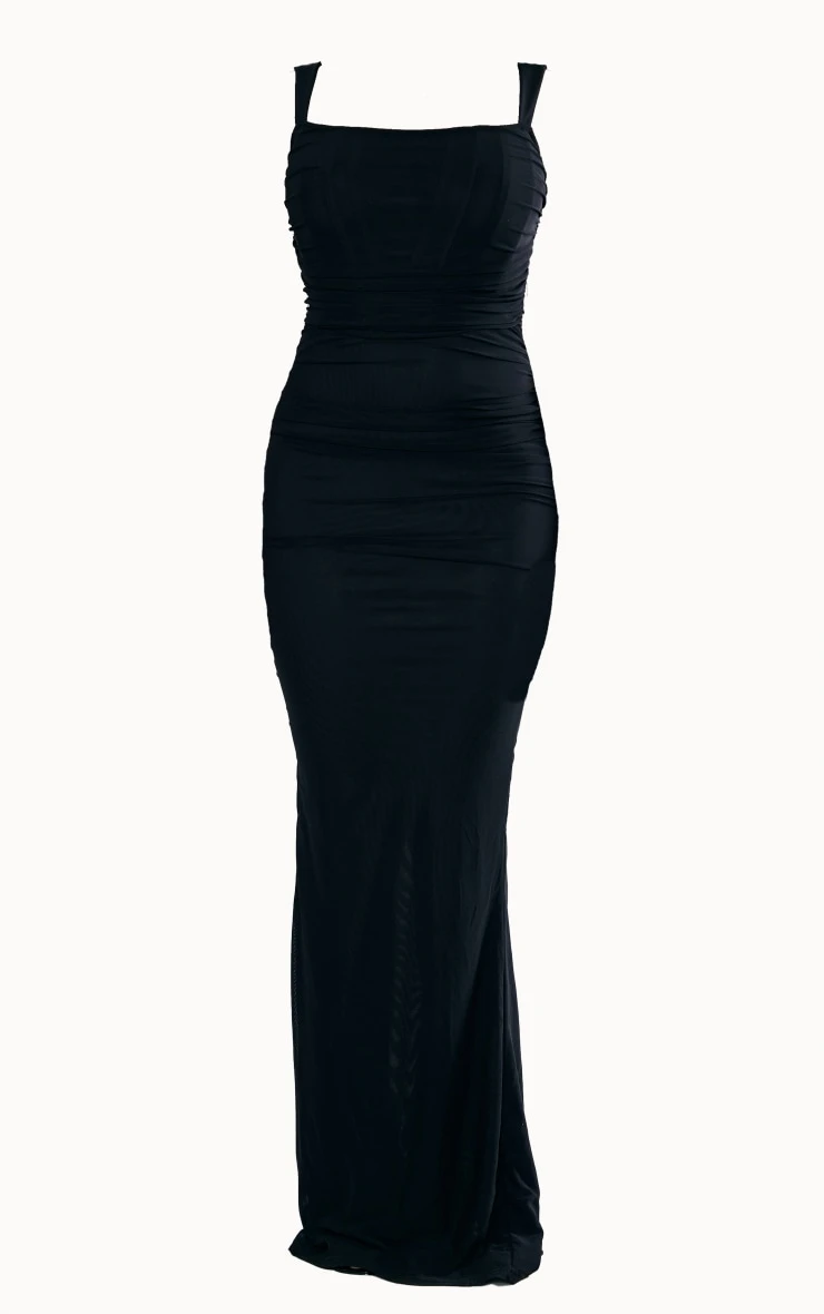 Black Mesh Strappy Ruched Waist Maxi Dress 5 Black Mesh Strappy Ruched Waist Maxi Dress - Image 5