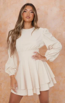 Stone Woven Binding Waist Detail Puff Long Sleeve Shift Dress