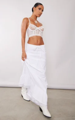 White Cotton Poplin Lace Waistband Maxi Skirt