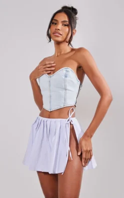 White Stretch Woven Pleated Tie Side Mini Skater Skirt