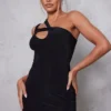 Black Slinky Cut Out Asymmetric Strap Bodycon Dress
