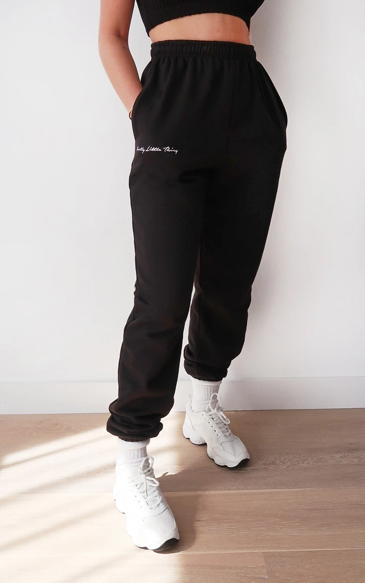 PRETTYLITTLETHING Black Embroidered Cuffed High Waist Joggers 2 PRETTYLITTLETHING Black Embroidered Cuffed High Waist Joggers - Image 2