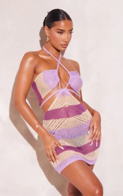 Oatmeal Stripe Crochet Cross Front Dress