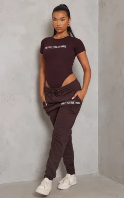 PRETTYLITTLETHING Logo Chocolate Brown High Waisted Cuffed Joggers