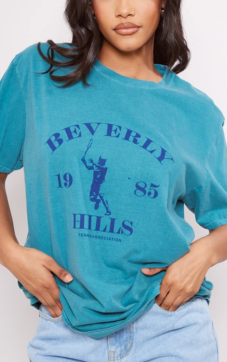 PRETTYLITTLETHING Teal Washed Beverley Hills Print T Shirt 4 PRETTYLITTLETHING Teal Washed Beverley Hills Print T Shirt - Image 4