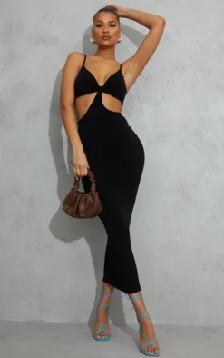 Black Strappy Cut Out Detail Slinky Midi Dress