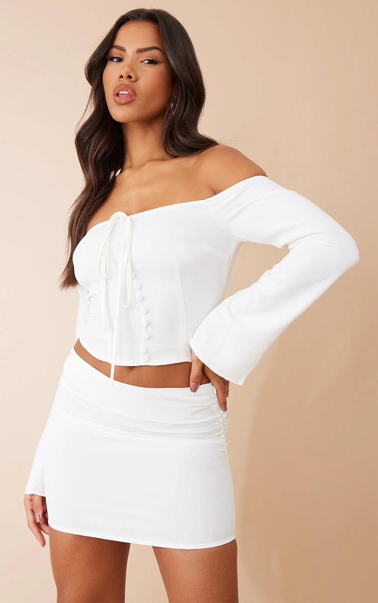 White Woven Ruched Side Mini Skirt 4 White Woven Ruched Side Mini Skirt - Image 4