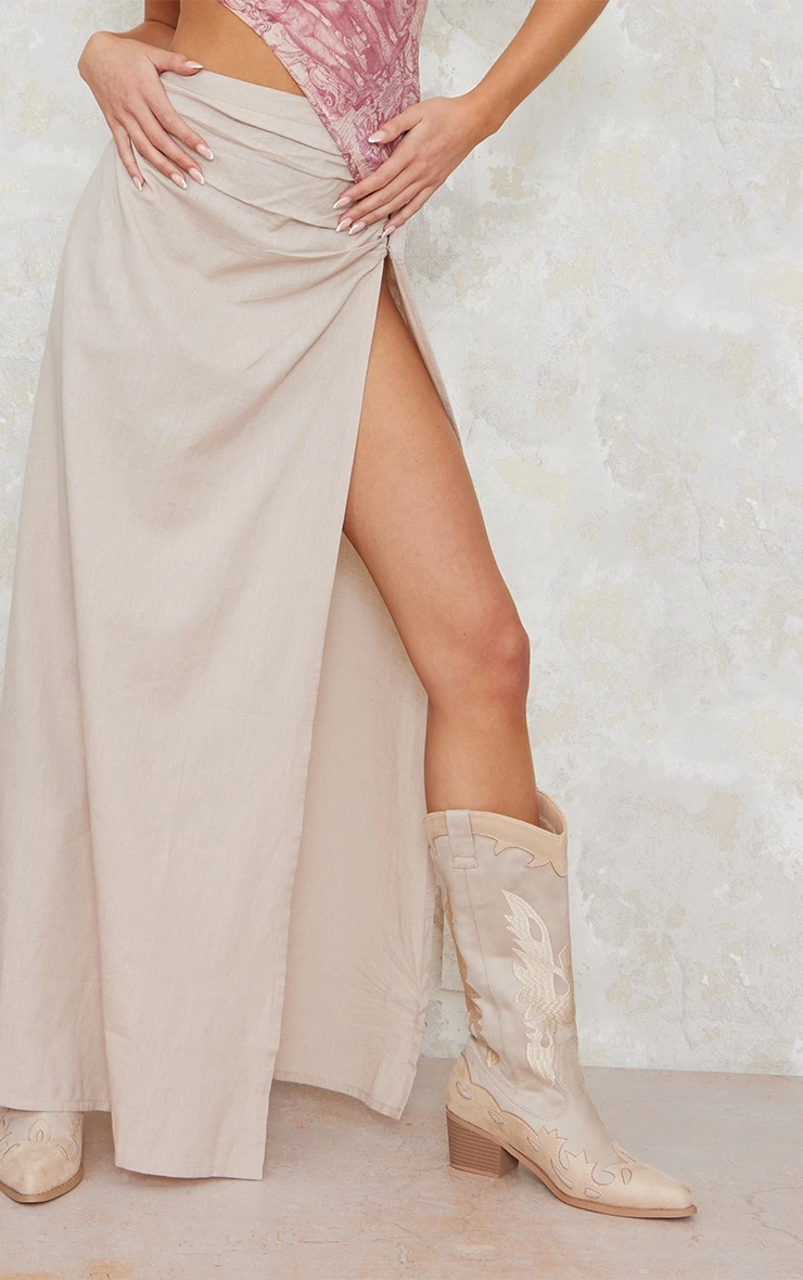 Stone Linen Look Hook And Eye Ruched Waistband Maxi Skirt 4 Stone Linen Look Hook And Eye Ruched Waistband Maxi Skirt - Image 4