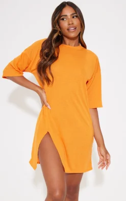 Moden Vibe Sales Store 33 Bright Orange Split Oversized Boyfriend T Shirt Dress