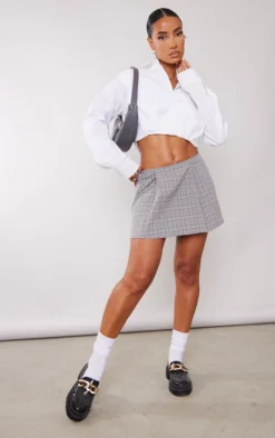 Light Grey Checked Print Pleat Front Tailored Mini Skirt